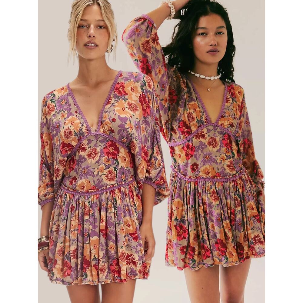 Free People Bohemian Sweet Dreams Mini Dress Lavender Floral Lace Medium